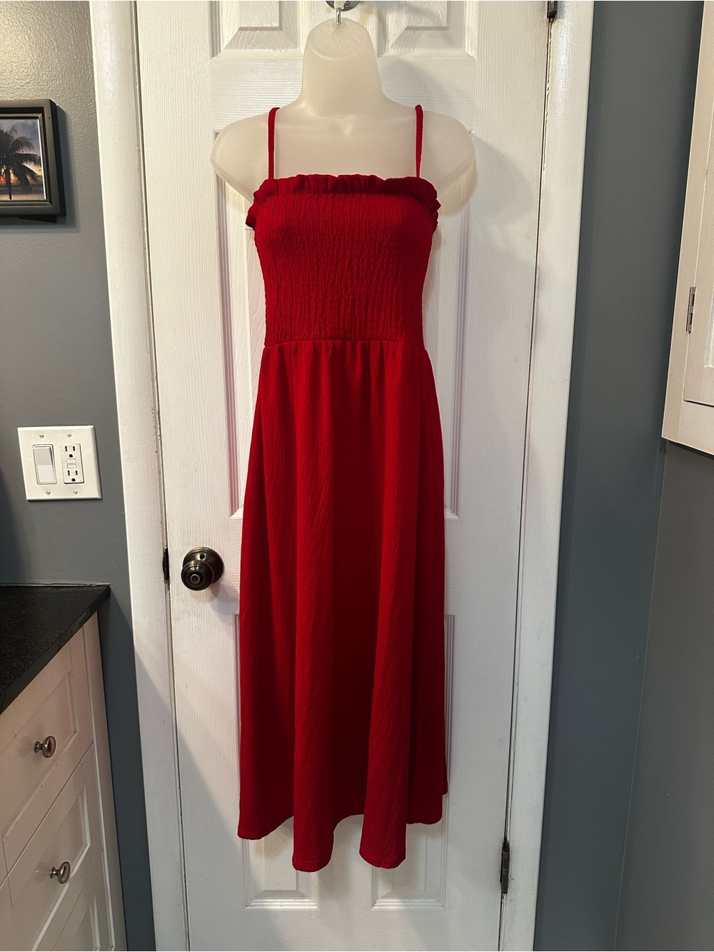 H&M Red Smocked Midi Dress with Spaghetti Straps